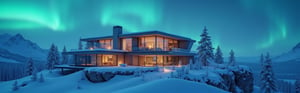 A majestic modern glass villa perches atop a snowy mountain peak at dusk's detailed night, its sleek façade reflecting vibrant aurora hues as northern lights dance across the sky. Snowflakes gently fall onto angular lines, creating a serene winter wonderland. The camera zooms in on glass walls, revealing cozy interior lit by soft lamps and roaring fire. Frosty windowsills and wispy snowflakes appear crisp and realistic in 1080p resolution.