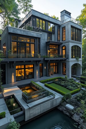 a modern home with clean look,AUTOCad image  ,morning lighting  ,multi story house made up of balck stone in forest ground    
  ,modern design  , detailed morning lighting in background , detailed forest  in background,noc-futuristic,4k,8k,16k,32k high resolution, realistic, image from nikon camer,F31ArchiAI