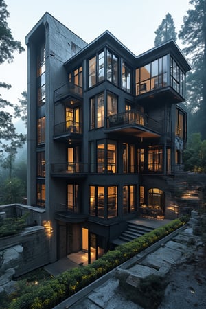 a modern home with clean look,AUTOCad image  ,morning lighting  ,multi story house made up of balck stone in forest ground    
  ,modern design  , detailed morning lighting in background , detailed forest  in background,noc-futuristic,4k,8k,16k,32k high resolution, realistic, image from nikon camer,F31ArchiAI