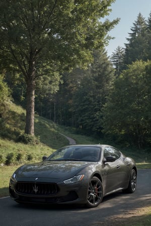 Capture a wide-angle shot of a sleek Maserati car parked in a lush, verdant landscape. The camera captures every detail, from the intricately designed Maserati logo on the hood to the subtle curvature of the car's body. Lighting is soft and natural, with the warm sun casting a gentle glow on the vehicle. In the background, rolling hills and towering trees stretch towards the horizon, creating a sense of depth and infinity. The image is rendered in stunning 32k resolution, with pixel-perfect clarity that reveals every nuance. Alternate resolutions include 16k, 8k, and 4k, as well as high-definition 1080p for optimal viewing.