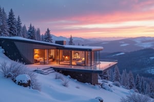 A majestic modern glass villa sits atop a snowy mountain peak at dusk, its sleek façade reflecting the vibrant hues of the setting sun. Snowflakes gently fall onto the villa's angular lines, creating a serene winter wonderland. The surrounding landscape is bathed in a warm, golden light, with snow-covered trees and rolling hills stretching out to the horizon. The camera zooms in on the villa's glass walls, revealing a cozy interior lit by soft lamps and a roaring fire. In 1080p resolution, every detail is crisp and realistic, from the frosty windowsills to the wispy snowflakes dancing in the air.