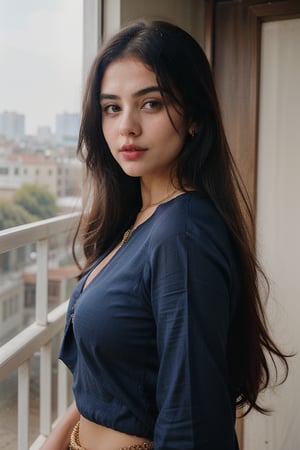 lovely cute young attractive indian girl, blue eyes, gorgeous actress, 23 years old, cute, an Instagram model, long hair, black hair, Indian, weaaring blouse, wearing bindi in forehead, ear rings,looking hot, under sunlight, looking on window,