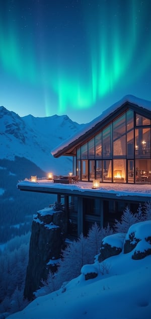 Capture the grandeur of a majestic traditional glass villa perched atop a snowy mountain peak at dusk's detailed night. Frame the shot to emphasize the villa's sleek façade reflecting vibrant aurora hues as northern lights dance across the sky, casting an ethereal glow on the surrounding landscape. The camera pans down to reveal bone fire crackling outside, its flames illuminated by soft lanterns and wispy smoke dancing upwards. Snowflakes gently fall onto angular lines, creating a serene winter wonderland. Zoom in on glass walls to reveal cozy interior lit by soft lamps and roaring fire, with frosty windowsills and wispy snowflakes appearing crisp and realistic in 1080p resolution.