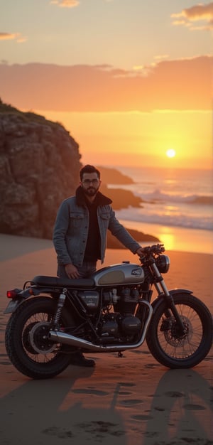 Rugged coastline at dusk. A vintage motorcyclist, dressed in worn leather and a faded denim jacket, stands proudly beside their modified motorcycle on the sandy shore. The bike's chrome pipes glint in the warm orange light of a breathtaking sunset, casting long shadows across the fine grains of sand. The composition is framed from a Dutch angle, with the horizon line cutting just above the subject's head. In the distance, the sky transitions from burnt oranges to soft pinks and purples, as the sun dips slowly into the ocean. The image is rendered in exquisite detail, with textures and reflections that appear almost lifelike at 32k resolution.