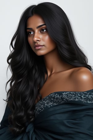 A close-up shot of a serene Indian woman, her long black hair cascading down her back like a waterfall. She stands in front of a simple white background, her traditional blouse-less saree flowing around her like a dark cloud. The saree's intricate patterns and textures are meticulously rendered, drawing the viewer's eye to every fold and drape. Her features are finely detailed, from the arch of her eyebrow to the gentle curve of her lips.,desiespresso