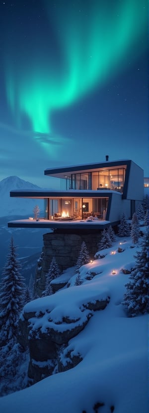 A majestic modern glass villa sits atop a snowy mountain peak at dusk's detailed night. The villa's sleek façade reflects vibrant aurora hues as northern lights dance across the sky, casting an ethereal glow on the surrounding landscape. Bone fire crackles outside, its flames illuminated by soft lanterns and wispy smoke dancing upwards. Snowflakes gently fall onto angular lines, creating a serene winter wonderland. The camera zooms in on glass walls, revealing cozy interior lit by soft lamps and roaring fire. Frosty windowsills and wispy snowflakes appear crisp and realistic in 1080p resolution.