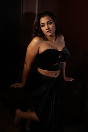 A sultry woman poses in a dramatic, dusky-lit setting. The camera frames her from the knees up, showcasing her curvaceous figure clad in a flowing, dark black saree that hugs her waist and falls to the floor like a velvet cloak. Her skin glows with realistic detail, taking on a warm, honey-like tone that seems almost luminescent under the dim light. Dark, expressive eyes, glassy from intoxication, appear heavy-lidded as if weighed down by secrets and desires. Her long, raven-black hair cascades down her back like a waterfall of night, framing her face with a soft, feathery texture. The blouseless saree accentuates her womanly form, leaving little to the imagination. The overall aesthetic is one of epic realism, capturing the essence of a femme fatale in all her glory.