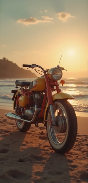 detailed 1950's image , detailed image of 1950's, extremely realistic image , life like image ,modified old  motercycle standing on sand, detailed beach view, aesthatic sunset view , dutch angle view, 32k ,16k,8k,4k,