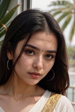 lovely cute young attractive indian girl, blue eyes, gorgeous actress, 23 years old, cute, an Instagram model, long hair, black hair, Indian, weaaring blouse, wearing bindi in forehead, ear rings,looking hot, under sunlight, looking on window,