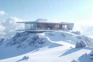 A majestic modern glass villa stands proudly atop a snow-capped mountain peak, its sleek lines and angular architecture glistening in the crisp winter sunlight. The surrounding landscape unfolds like a canvas of pure white, stretching out to meet the horizon where the sky meets the mountainside. Snowflakes gently fall around the villa's base, adding an air of serenity to the already breathtaking scene.