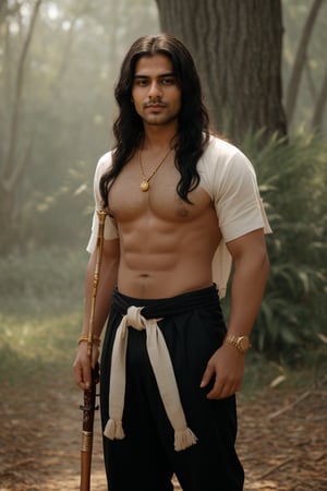 solo, long black wavy hair, 1indian boy, holding bow , standing, full body, weapon bow , male focus, outdoors, day, pants, holding weapon bow , tree, traditional style white indian dhoti , lean muscular, long  wavy hair, pectorals, nature, forest, bow \(weapon\), realistic, arrow \(projectile\), manly, chest hair, quiver,Portrait ,gold jewellary