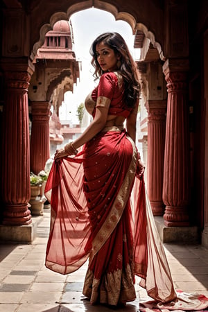 ultra hd , realistic image , 32k ,4k ,8k, life like image, full body image beautiful indian mature traditional  aunty,beautiful  aunty wearing sindoor and mangal sutra , she is wearing satin silk red saree, she is merried and her age is near 38 year old, (her body is curvy + thick +plump , big boobs + big ass , curvey and hourglass shape with large saggy 36 D  boobs)1.9, her body white, her body white, tradetional indian aunty in satin silk red saree ,  perfect body , detailed image ,realistic skin texture , sharp image ,extremely detailed image , perfect face , perfect body anatomy, detailed skin, detailed  face , realistic skin textured , perfect indian married woman , extreamly perfect image,standing in rain, rain in back ground,Saree,