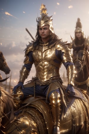 an Indian warrior ((golden armor)) sitting on horse( perfect hores) after war is ended , tired , realistic , aesthatic body , long hair , beautiful and handsom man , perfect body anatomy 