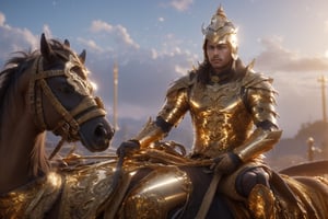an Indian warrior ((golden armor)) sitting on horse( perfect hores) after war is ended , tired , realistic , aesthatic body , long hair , beautiful and handsom man , perfect body anatomy ,jewelry