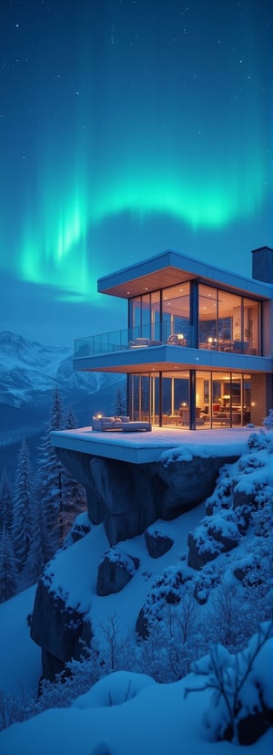 A majestic modern glass villa perches atop a snowy mountain peak at dusk's detailed night, its sleek façade reflecting vibrant aurora hues as northern lights dance across the sky. Snowflakes gently fall onto angular lines, creating a serene winter wonderland. The camera zooms in on glass walls, revealing cozy interior lit by soft lamps and roaring fire. Frosty windowsills and wispy snowflakes appear crisp and realistic in 1080p resolution.