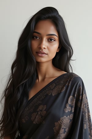 A close-up shot of a serene Indian woman, her long black hair cascading down her back like a waterfall. She stands in front of a simple white background, her traditional blouse-less saree flowing around her like a dark cloud. The saree's intricate patterns and textures are meticulously rendered, drawing the viewer's eye to every fold and drape. Her features are finely detailed, from the arch of her eyebrow to the gentle curve of her lips.,desiespresso