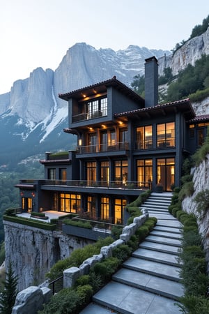 a modern home with clean look, AUTOCad image ,rander image  ,morning lighting  ,multi story house made up of balck stone in mountains ground    
  ,modern design  , detailed morning lighting in background , detailed mountain  in background,noc-futuristic,4k,8k,16k,32k high resolution, realistic, image from nikon camer,F31ArchiAI