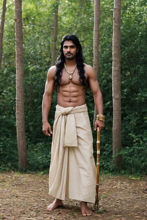 solo, long black wavy hair, 1indian boy, holding bow , standing, full body, weapon bow , male focus, outdoors, day, pants, holding weapon bow , tree, traditional style white indian dhoti , lean muscular, long  wavy hair, pectorals, nature, forest, bow \(weapon\), realistic, arrow \(projectile\), manly, chest hair, quiver,Portrait ,gold jewellary, jeweled_evening_dress,gem