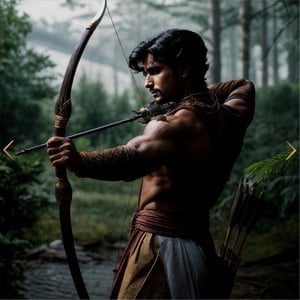 solo, long black wavy hair, 1indian boy, holding bow , standing, full body, weapon bow , male focus, outdoors, day, pants, holding weapon bow , tree, traditional style white indian dhoti , lean muscular, long  wavy hair, pectorals, nature, forest, bow \(weapon\), realistic, arrow \(projectile\), manly, chest hair, quiver,Portrait ,gold jewellary,manly face
