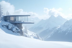 Here's a prompt that meets your request:

A serene winter wonderland scene: A modern glass villa perches precariously on the slope of a majestic snow-capped mountain. The villa's transparent walls and sleek architecture seem to defy gravity as it gazes out upon a breathtaking panorama of rolling white peaks. Snowflakes gently fall, casting a mystical aura around the structure. In the foreground, a blanket of fresh powder stretches out like a canvas of untouched beauty. Dynamic lighting casts long shadows across the snow, creating an otherworldly ambiance.