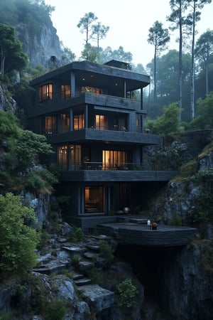 a modern home with clean look,AUTOCad image  ,morning lighting  ,multi story house made up of balck stone in forest ground    
  ,modern design  , detailed morning lighting in background , detailed forest  in background,noc-futuristic,4k,8k,16k,32k high resolution, realistic, image from nikon camer 