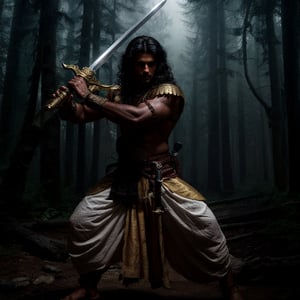 solo, long black wavy hair, 1indian boy, holding sword , standing, full body, weapon sword , male focus, outdoors, day, pants, holding weapon sword  , tree, traditional style white indian red dhoti , lean muscular, long  wavy hair, pectorals, nature, forest, sword \(weapon\), realistic, sword  \(projectile\), manly, chest hair, quiver,Portrait ,gold jewellary,manly face, golden crown
