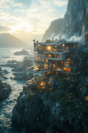 a modern home with clean look,AUTOCad image  ,morning lighting  ,multi story house in forest ground    
  ,modern design  , detailed morning lighting in background , detailed beach in background,noc-futuristic,4k,8k,16k,32k high resolution, realistic, image from nikon camer 