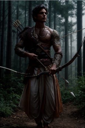 solo, long black wavy hair, 1indian boy, holding bow , standing, full body, weapon bow , male focus, outdoors, day, pants, holding weapon bow , tree, traditional style white indian dhoti , lean muscular, long  wavy hair, pectorals, nature, forest, bow \(weapon\), realistic, arrow \(projectile\), manly, chest hair, quiver,Portrait