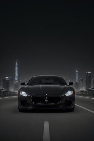 A sleek, futuristic Maserati supercar speeds down the deserted highway at breakneck pace under the darkened sky of a midnight cityscape. The vehicle's detailed logo gleams with precision, its curves and lines rendered in exquisite realism. The wide-angle lens captures the urban landscape's towering skyscrapers and bustling streets, while the background city lights twinkle like diamonds against the blackness. Resolution: 32k.