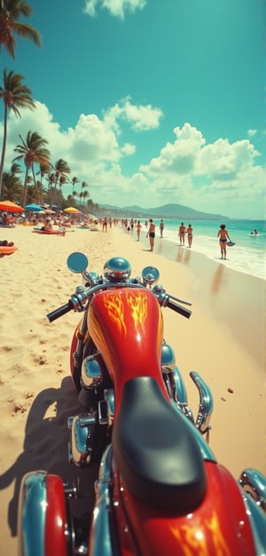 A sweeping Dutch angle shot of a bustling 1950s beachside scene. A sleek, super motorcycle, painted in gleaming chrome and fiery red, dominates the frame. The sun-kissed sand stretches out before it, with surfers and sunbathers enjoying the warm rays. In the distance, the coastline gives way to towering palm trees and a vibrant blue sky. Every detail is meticulously rendered, from the motorcycle's intricate engine to the beachgoers' stylish swimwear. The image is so lifelike, you can almost feel the sea breeze rustling your hair.