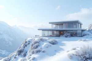 A majestic modern glass villa stands proudly atop a snow-capped mountain peak, its sleek lines and angular architecture glistening in the crisp winter sunlight. The surrounding landscape unfolds like a canvas of pure white, stretching out to meet the horizon where the sky meets the mountainside. Snowflakes gently fall around the villa's base, adding an air of serenity to the already breathtaking scene.