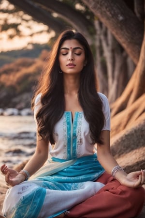 beautiful face,abstract image,high contrast,ultra detailed face,aesthetic image  1.5,perfect face1.9, detailed face 1.9, perfect lips1.9, perfect nose,realistic image 1.8,beautiful Indian woman sitting and meditating near sea, indian woman 1.8, sunset in the background, beautiful sea ,(ultra realistic image 1.2), beautiful face 1.4, realistic detailed eyes 1.2, realistic texture skin, real skin texture 1.5,black long hair, perfect human body anatomy,
