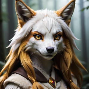 Create a dynamic close-up shot of a female anthro Renamon, featuring her intense, fox-like eyes and sleek, golden fur. The lighting should be dramatic, highlighting her sharp features and athletic build. She should be in a confident, forward-facing pose, with her ears perked and a slight smirk on her muzzle. The background is a mystical, ethereal forest, adding to the enigmatic atmosphere.