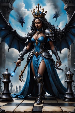 Chessboard, the empowered black queen stands in front of the king to protect him from an imminent attack by the bishop, the rook points straight at the white king if the white rook moves. The bishop shows hesitation to attack or allow himself to be checkmated, in the middle of a landscape of chaos, with a blue-black background, tension is breathed.,Mecha body,z1l4,seek, in the style of esao andrews
