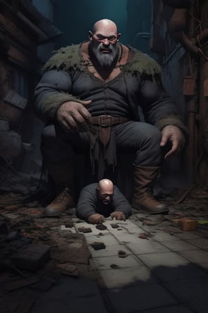 ((1 bald giant)) with torn and dirty clothes, vomiting on the floor, in a dark decaying city, many men dressed in black suits around the giants eating vomit from the floor.  ((extra realistic)),Void volumes,FFIXBG