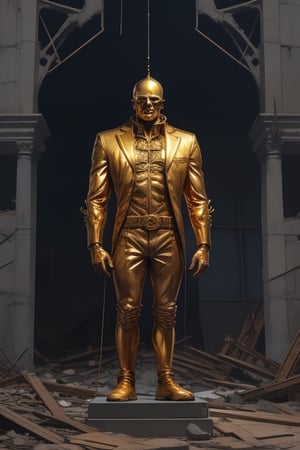 Gold statue of a 34-year-old man, completely made of gold, with a height of 40 meters high, behind a ruined construction , in the style of esao andrews,nodf_lora