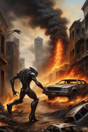 Alien versus predator fighting in a burning city, car on fire, people running, buildings in ruins, post apocalyptic setting, ((masterpiece)) chaotic background full of disaster., in the style of esao andrews,LegendDarkFantasy,DonM3l3m3nt4lXL,photo r3al