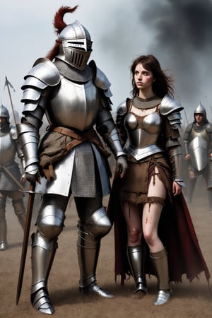 28-year-old man in battered medieval armor holding a banner, on the right side an 18-year-old man in dirty medieval armor, on the left side a 20-year-old woman in medieval armor with traces of battle, both in profile, on a battlefield, in front of them an army of demons, on the floor many people lying with their armor on.