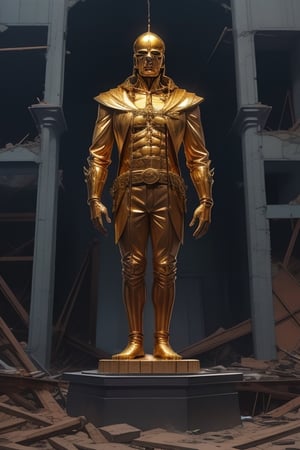 Gold statue of a 34-year-old man, completely made of gold, with a height of 40 meters high, behind a ruined construction , in the style of esao andrews,nodf_lora