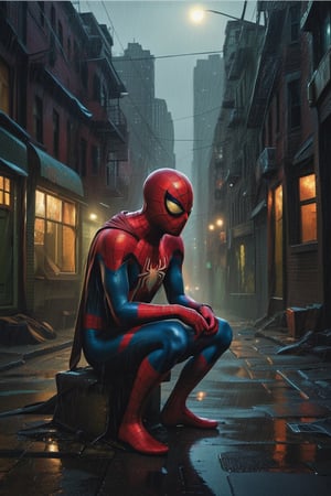 Spider-Man with a cybernetic suit sitting on a street at dark night, with rain, crestfallen, sad, with torn mask, buildings with lights on through the windows, street desolate and empty because of the rain. Soledad, film scene,Cyborg,horror (theme), tights,digital painting,digital artwork by Beksinski