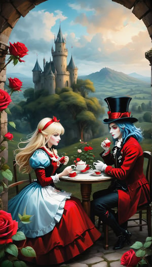 Alice and the Mad Hatter, sitting having tea at a round table, in the background a landscape of roses and a castle in ruins, both looking at each other with serenity and joy, nothing else matters around them, only their glances, the white roses They drip red paint, all with a black background with red gradients.,z1l4, in the style of esao andrews,photo r3al