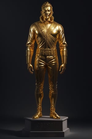 Gold statue of a 34-year-old man, completely made of gold, with a height of 40 meters high, behind a ruined construction , in the style of esao andrews