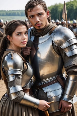 28-year-old man in battered medieval armor holding a banner, on the right side an 18-year-old woman in dirty medieval armor, both with brown eyes, exhausted by the battle, dented and dirty armor, on their faces you can see the fatigue of a long battle, around a tired army but they continued the epic battle((masterpice))) ((beautiful)),Extremely Realistic,photo r3al