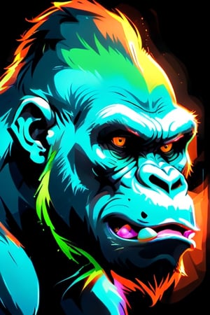 Gorilla seen in angry profile, opening his snout, in neon colors, orange, green, blue, on a black background,darkart