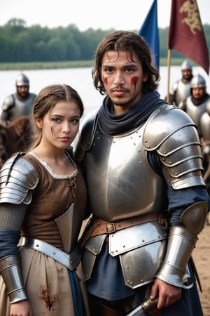 28-year-old man in battered medieval armor holding a banner, on the right side an 18-year-old woman in dirty medieval armor, both with brown eyes, exhausted by the battle, dented and dirty armor, on their faces you can see the fatigue of a long battle, around a tired army but they continued the epic battle((masterpice))) ((beautiful)),Extremely Realistic,photo r3al