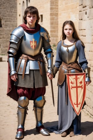 man of about 28 years old in battered medieval armor holding a banner, on the right side an 18 year old boy in dirty medieval armor, on the left side a 20 year old woman in medieval armor with traces of battle.