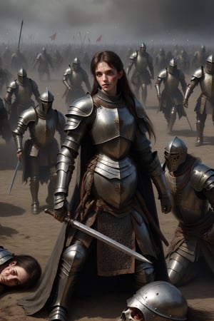 3 Characters, one of 28 years old, on his right side an 18-year-old man with dirty medieval armor, on his left side a 20-year-old woman clad in medieval armor with traces of battle looking straight ahead, on a battlefield, front To them an army of demons, on the floor many people lying with their armor on.
