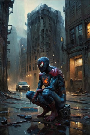 Spider-Man with a cybernetic suit sitting on a street at dark night, with rain, crestfallen, sad, with torn mask, buildings with lights on through the windows, street desolate and empty because of the rain. Soledad, film scene,Cyborg,horror (theme), tights,digital painting,digital artwork by Beksinski