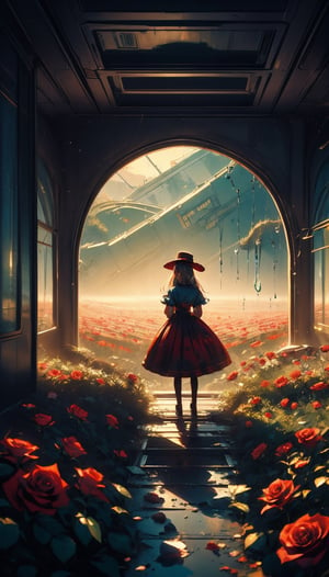 Alice and the Mad Hatter stand in the middle of a field of roses dripping red paint, looking towards the horizon.,Futuristic room