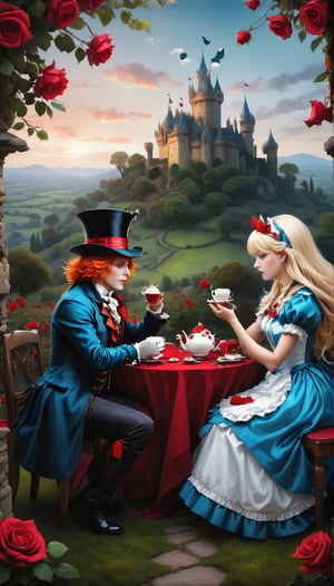 Alice and the Mad Hatter, sitting having tea at a round table, in the background a landscape of roses and a castle destroy, both looking at each other with serenity and joy, nothing else matters around them, only their glances, the white roses They drip red paint, all with a black background with red gradients.,z1l4, in the style of esao andrews,photo r3al